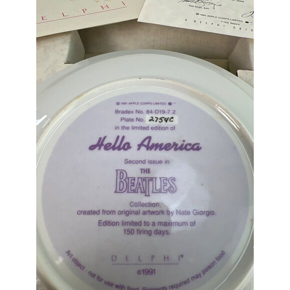 Beatles "Hello America" Collectible Plate By Delphi Limited Edition 1991 Artist - Picture 6 of 6